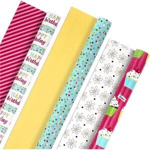 Birthday Wrapping Paper Rolls - Colorful Gift Wrap Paper, Flowers, Cupcakes